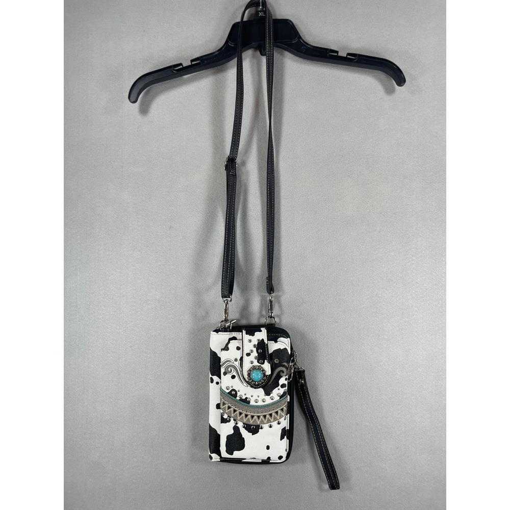 Western Cow Print Crossbody Phone Wallet Turquoise Studded Wristlet Bag - Picture 2 of 5
